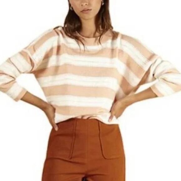 FRNCH Paris Striped Perforated Knit Sweater Light Pink White S/M NWT - Picture 1 of 9